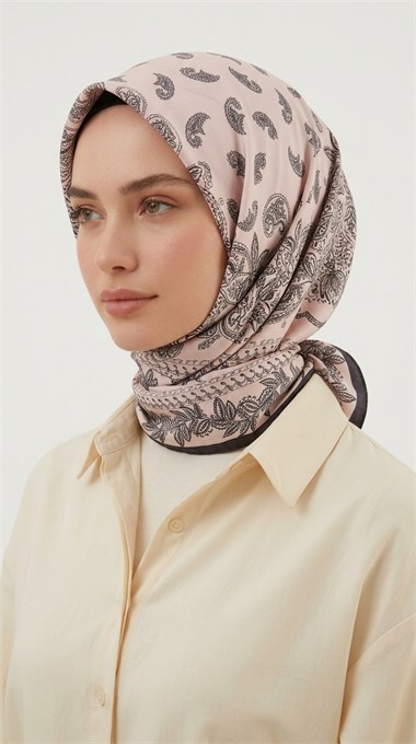 MİHRA 120*120 CM İPEK ŞİFON EŞARP - SİYAH / PUDRA  