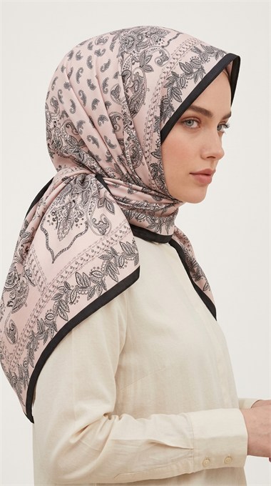 MİHRA 120*120 CM İPEK ŞİFON EŞARP - SİYAH / PUDRA  