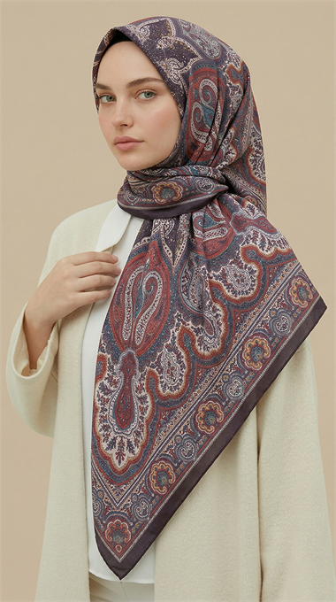 NERİS DESENLİ 120*120 CM COTTON EŞARP - KAHVERENGİ / KIRMIZI