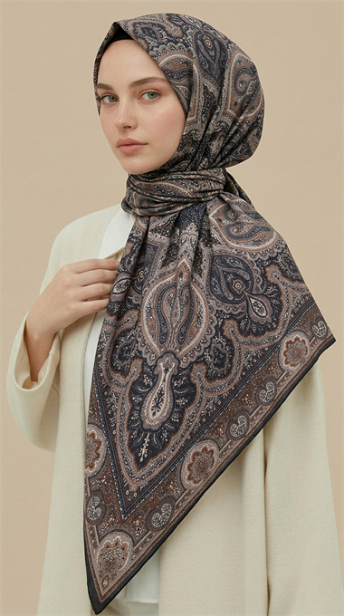 NERİS DESENLİ 120*120 CM COTTON EŞARP -KAHVERENGİ