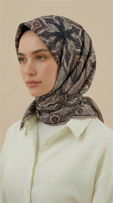 NERİS DESENLİ 120*120 CM COTTON EŞARP - KAHVERENGİ / KREM