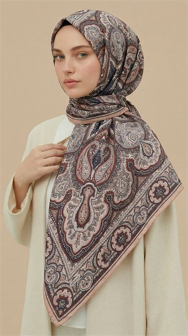 NERİS DESENLİ 120*120 CM COTTON EŞARP - KAHVERENGİ / KREM