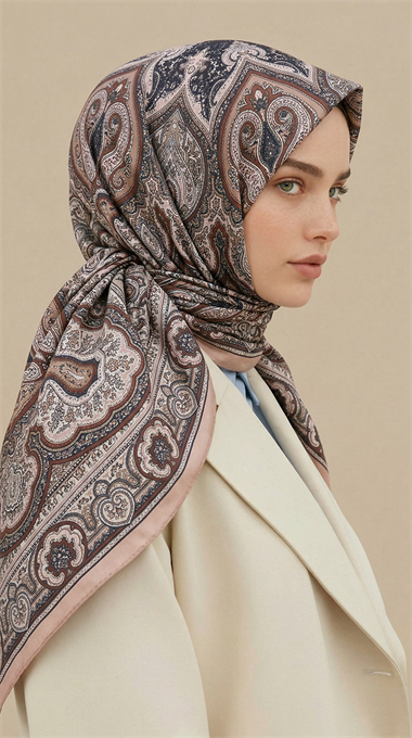NERİS DESENLİ 120*120 CM COTTON EŞARP - KAHVERENGİ / KREM