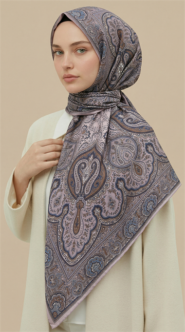 NERİS DESENLİ 120*120 CM COTTON EŞARP -LACİVERT / BEJ