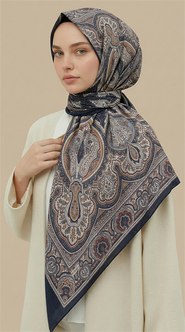 NERİS DESENLİ 120*120 CM COTTON EŞARP - LACİVERT