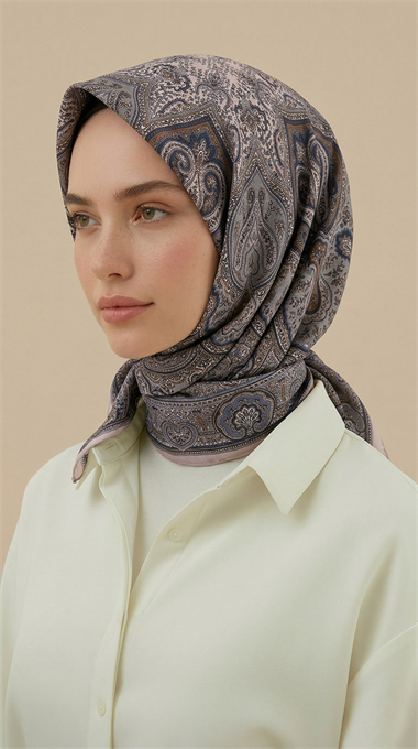 NERİS DESENLİ 120*120 CM COTTON EŞARP -LACİVERT / BEJ