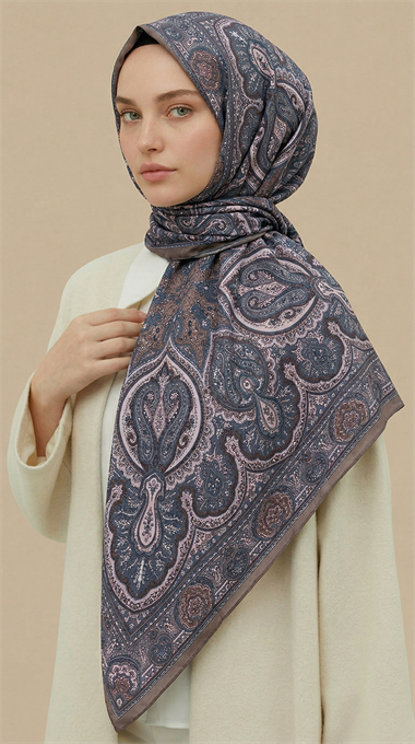 NERİS DESENLİ 120*120 CM COTTON EŞARP -MAVİ / BEJ