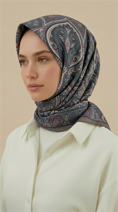 NERİS DESENLİ 120*120 CM COTTON EŞARP -MAVİ / BEJ
