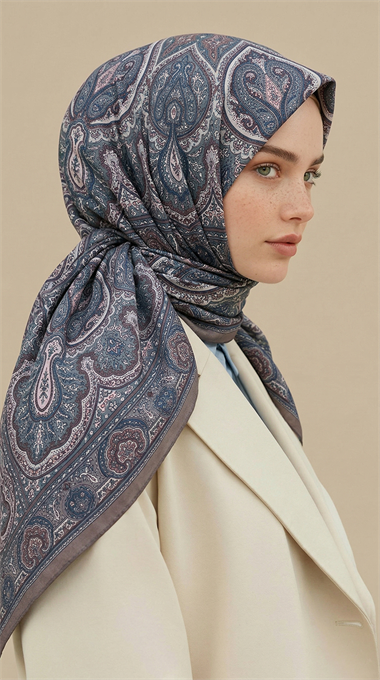 NERİS DESENLİ 120*120 CM COTTON EŞARP -MAVİ / BEJ