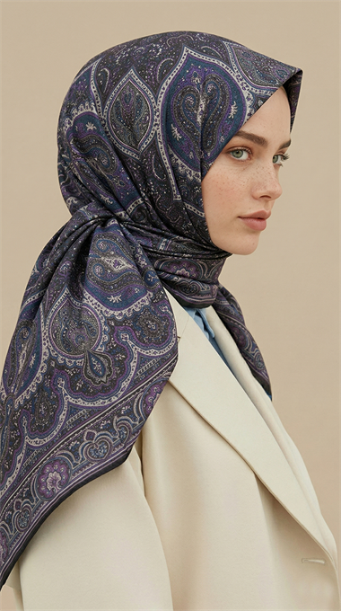 NERİS DESENLİ 120*120 CM COTTON EŞARP - MOR / LACİVERT