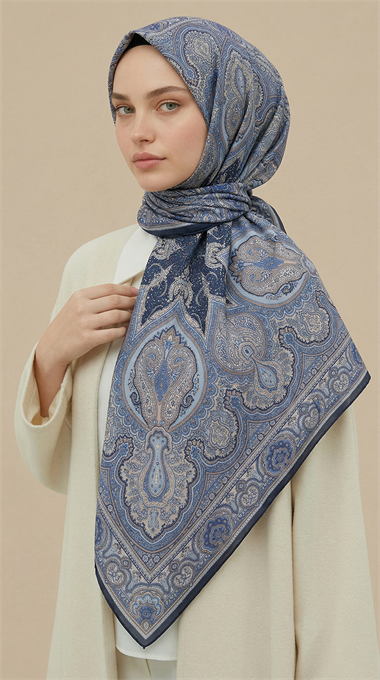 NERİS DESENLİ 120*120 CM COTTON EŞARP - MAVİ 