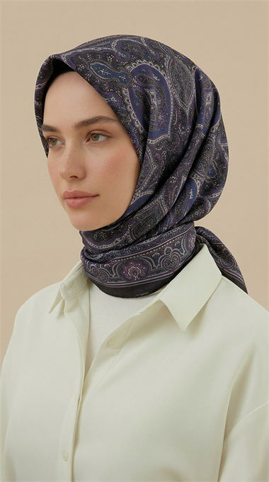 NERİS DESENLİ 120*120 CM COTTON EŞARP - MOR / LACİVERT