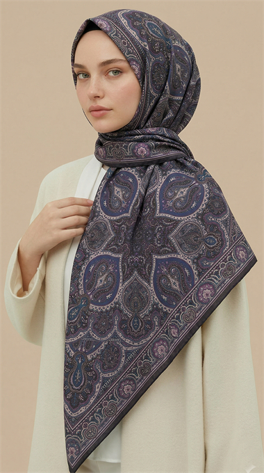 NERİS DESENLİ 120*120 CM COTTON EŞARP - MOR / LACİVERT
