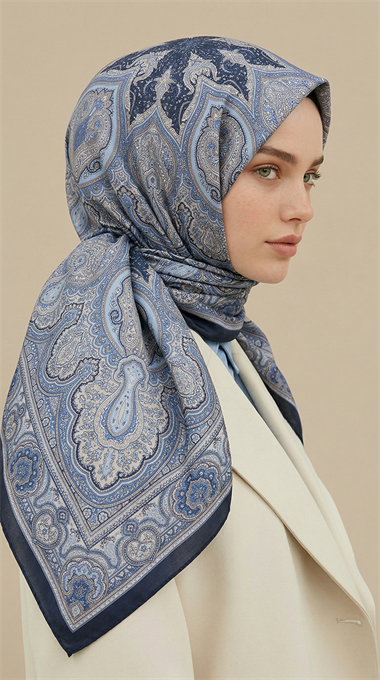 NERİS DESENLİ 120*120 CM COTTON EŞARP - MAVİ 