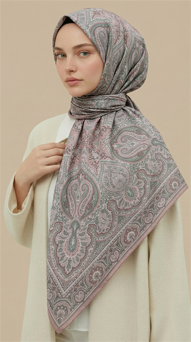 NERİS DESENLİ 120*120 CM COTTON EŞARP - SU YEŞİLİ / PEMBE