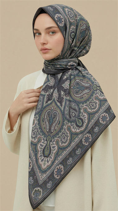 NERİS DESENLİ 120*120 CM COTTON EŞARP -YEŞİL / HAKİ 
