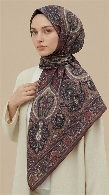 NERİS DESENLİ 120*120 CM COTTON EŞARP - YEŞİL / BORDO