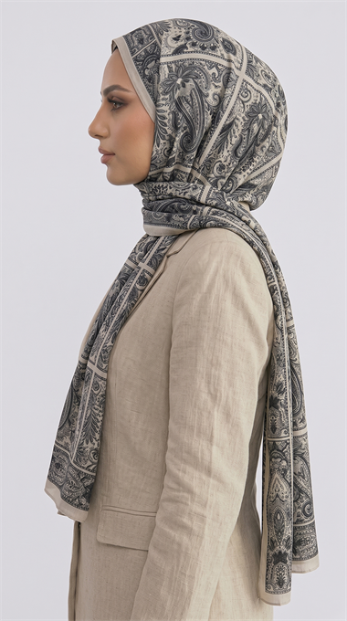 PAİSLEY DESENLİ COTTON ŞAL - KREM / SİYAH 