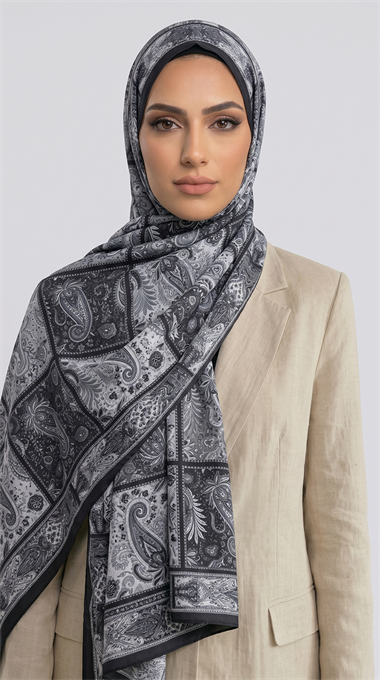 PAİSLEY DESENLİ COTTON ŞAL - SİYAH / GRİ