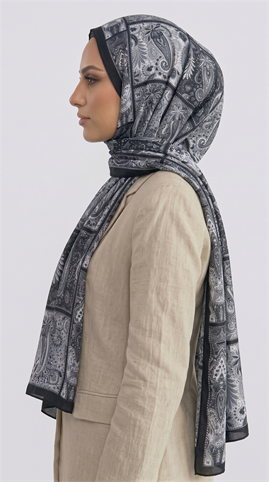 PAİSLEY DESENLİ COTTON ŞAL - SİYAH / GRİ