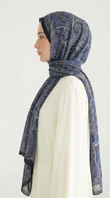 PERA DESENLİ COTTON ŞAL - LACİVERT / KREM 