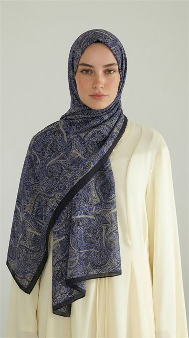 PERA DESENLİ COTTON ŞAL - LACİVERT / KREM 