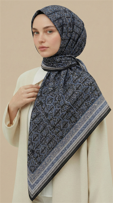 PETRA 120 * 120 CM COTTON ŞAL EŞARP - LACİVERT / SİYAH