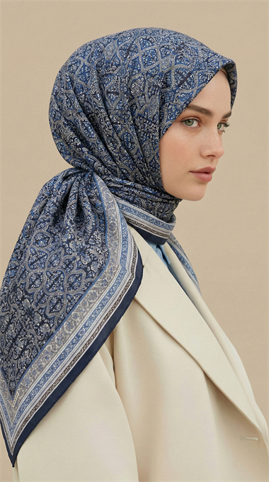 PETRA 120 * 120 CM COTTON ŞAL EŞARP - LACİVERT / SİYAH