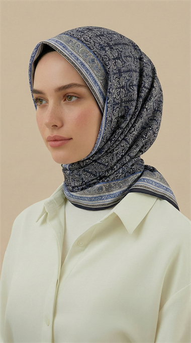 PETRA 120 * 120 CM COTTON ŞAL EŞARP - LACİVERT / SİYAH