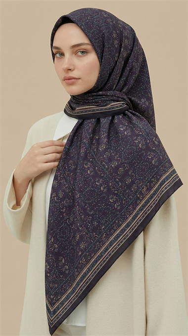 PETRA 120 * 120 CM COTTON ŞAL EŞARP - MOR / LACİVERT