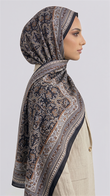PETRA DESENLİ COTTON ŞAL - HARDAL / SİYAH 