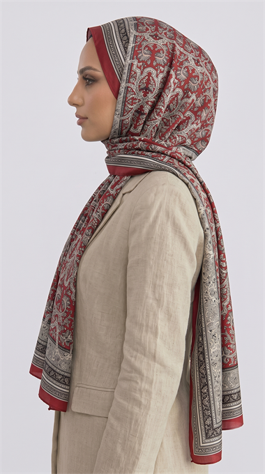 PETRA ETNİK DESEN COTTON ŞAL -  KREM / KIRMIZI