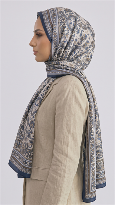 PETRA ETNİK DESEN COTTON ŞAL -  KREM / MAVİ 