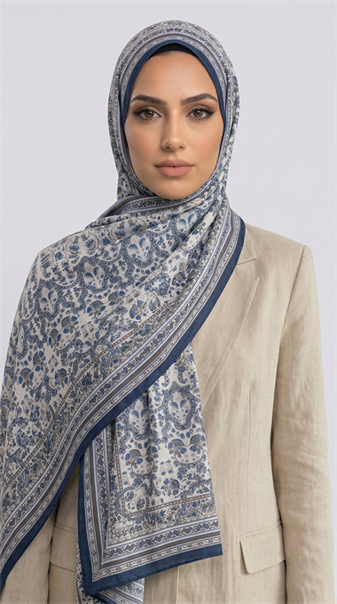 PETRA ETNİK DESEN COTTON ŞAL -  KREM / MAVİ 