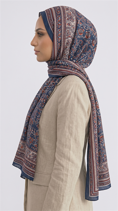 PETRA ETNİK DESEN COTTON ŞAL -  LACİVERT / KIRMIZI 