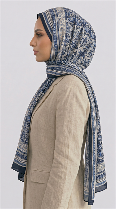 PETRA ETNİK DESEN COTTON ŞAL -  LACİVERT / KREM 
