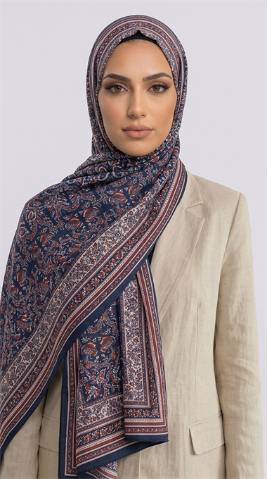 PETRA ETNİK DESEN COTTON ŞAL -  LACİVERT / KIRMIZI 