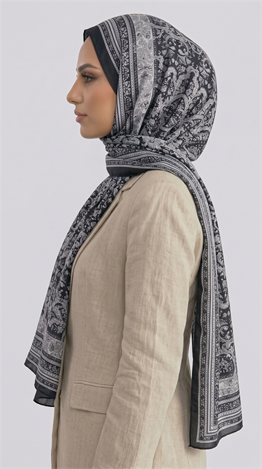 PETRA ETNİK DESEN COTTON ŞAL -  SİYAH / GRİ 