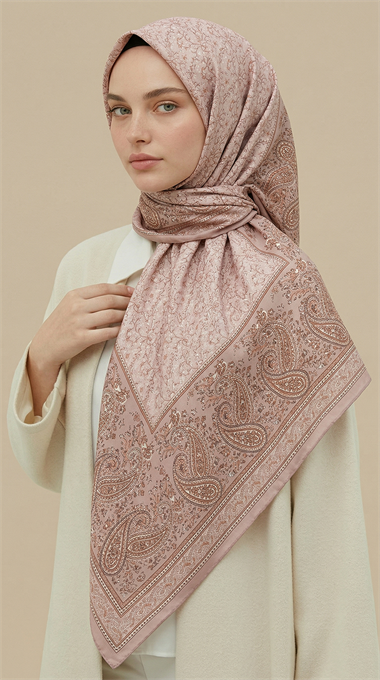 RAVENA DESENLİ 120*120 CM İPEK ŞİFON EŞARP - TOZ PEMBE / KREM