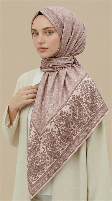 RAVENA DESENLİ 120*120 CM İPEK ŞİFON EŞARP - PEMBE / EKRU 