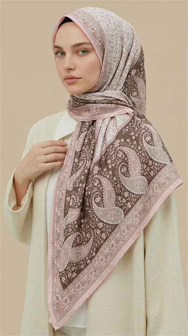 RAVENA DESENLİ 120*120 CM İPEK ŞİFON EŞARP - KAHVERENGİ