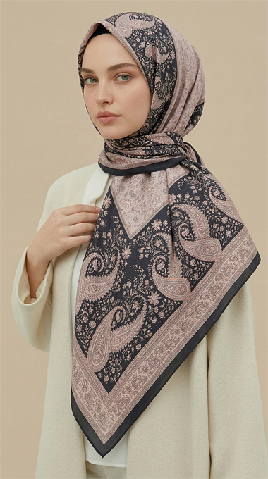 RAVENA DESENLİ 120*120 CM İPEK ŞİFON EŞARP - BEJ / SİYAH 
