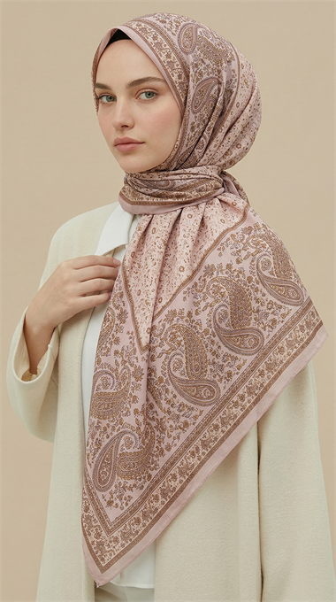 RAVENA DESENLİ 120*120 CM İPEK ŞİFON EŞARP - SOMON / KREM