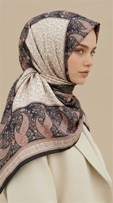 RAVENA DESENLİ 120*120 CM İPEK ŞİFON EŞARP - SİYAH / KIRMIZI 