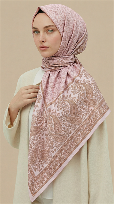 RAVENA DESENLİ 120*120 CM İPEK ŞİFON EŞARP - PEMBE