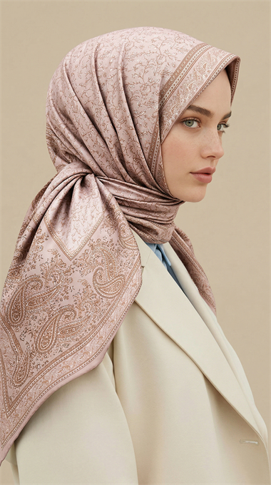RAVENA DESENLİ 120*120 CM İPEK ŞİFON EŞARP - TOZ PEMBE / KREM