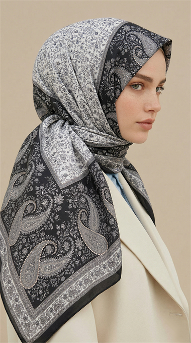RAVENA DESENLİ 120*120 CM İPEK ŞİFON EŞARP - SİYAH / BEYAZ
