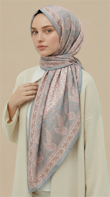 RAVENA DESENLİ 120*120 CM İPEK ŞİFON EŞARP -  KREM / BEBE MAVİSİ