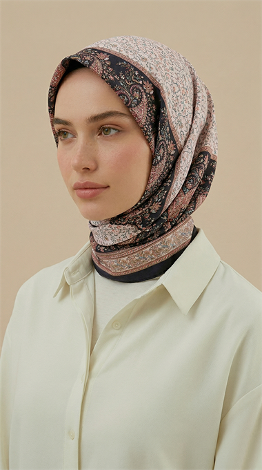 RAVENA DESENLİ 120*120 CM İPEK ŞİFON EŞARP - SİYAH / KIRMIZI 