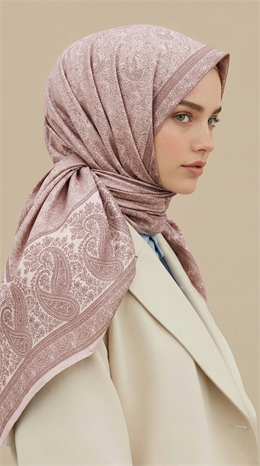 RAVENA DESENLİ 120*120 CM İPEK ŞİFON EŞARP - PEMBE / EKRU 